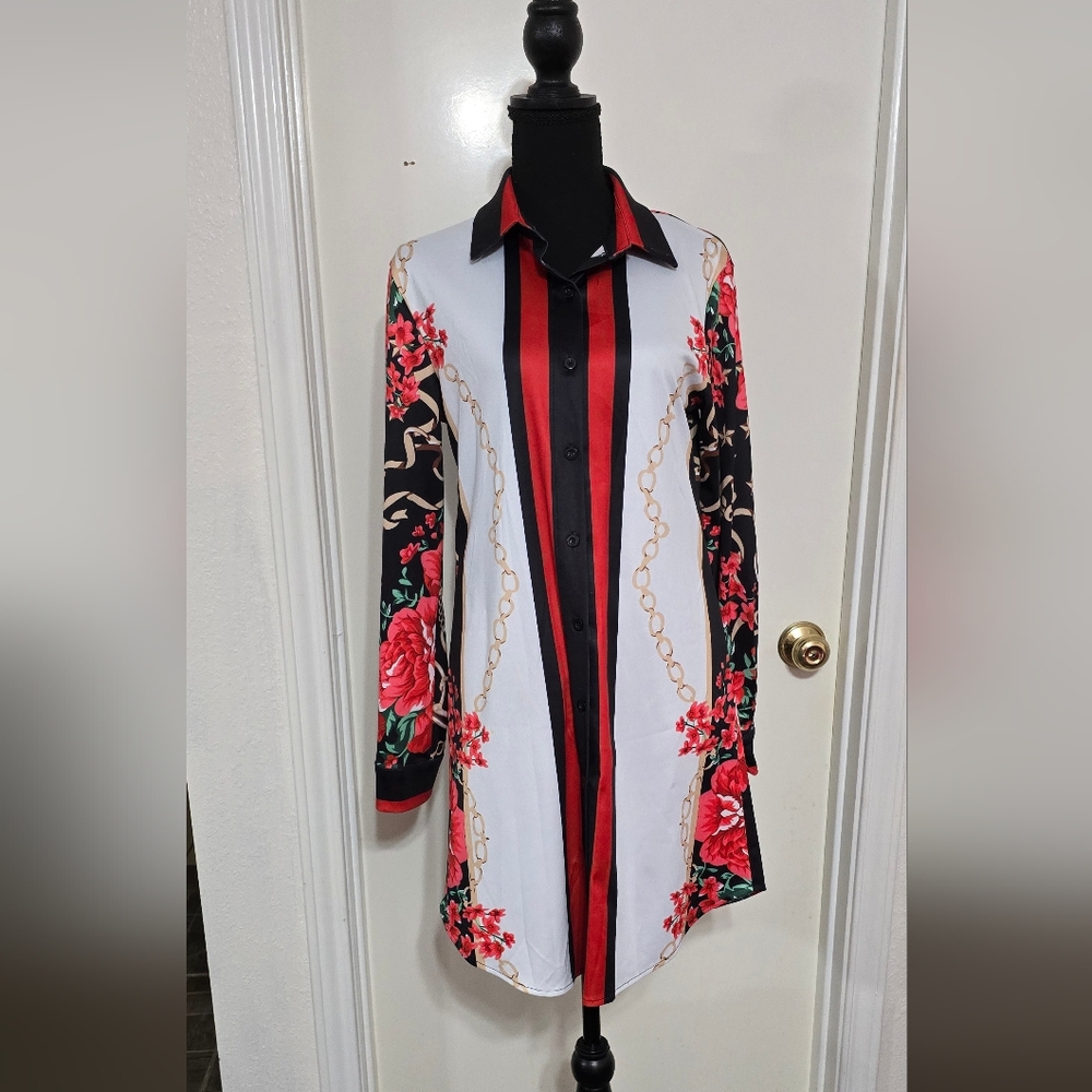#00953 Floral Striped Button-Up Shirt Dress With Scarf - Picture 3 of 7
